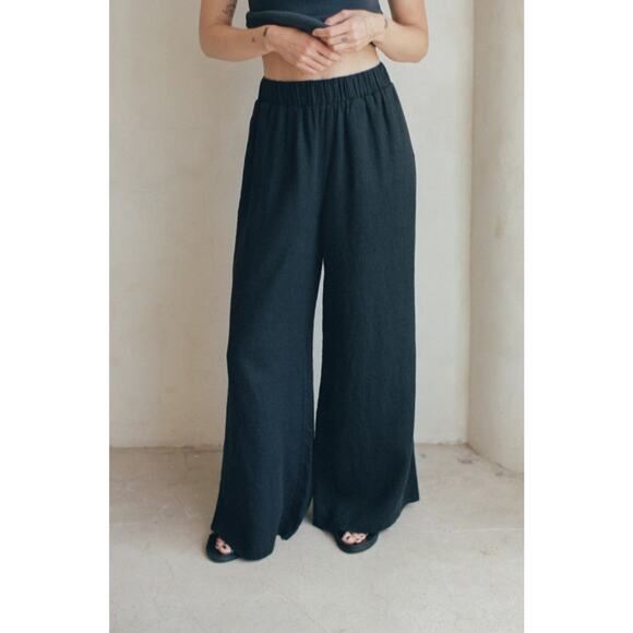 100% LINEN Women's medium Beige WIDE leg pull on pants Luxury “a. REN “ elastic - Picture 8 of 8